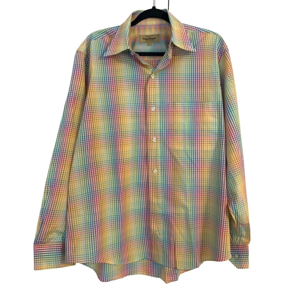 PAUL STUART Luxury Rainbow Multicolor Button Down Multicolor Checked Shirt L